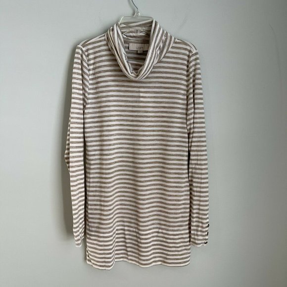 New LOFT Beige White Striped Long Sleeve Cowl Neck Tunic - Picture 1 of 5
